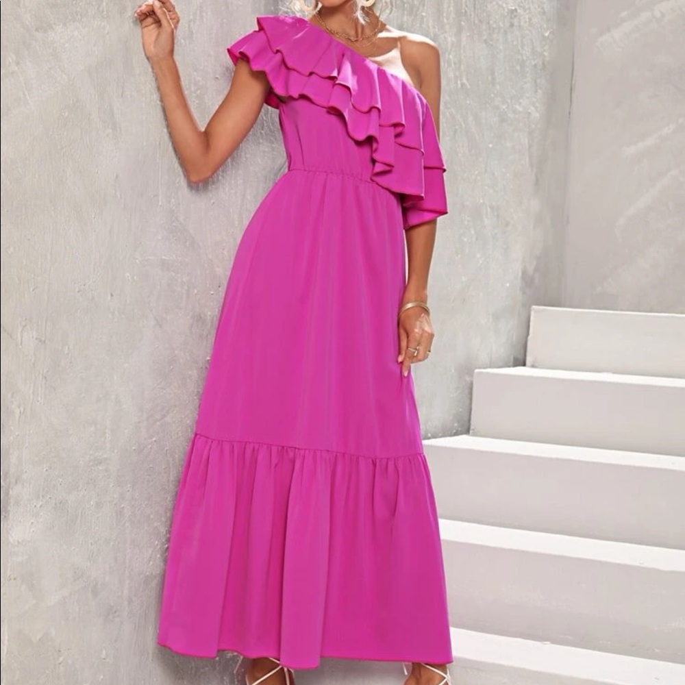 Boho pink ruffle hem one shoulder ruffle dress - Picture 3 of 6